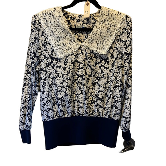 The House of Nu-mode Vintage Navy Blue Floral Long Sleeve Prairie Top - Picture 1 of 9
